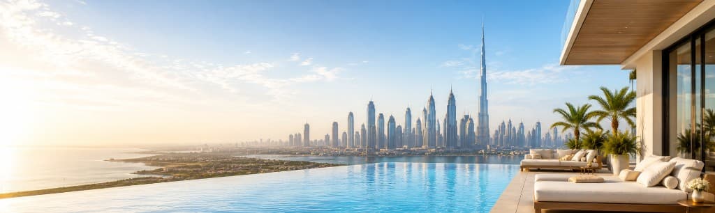 Luxury terrace overlooking Dubai skyline and infinity pool at golden hour