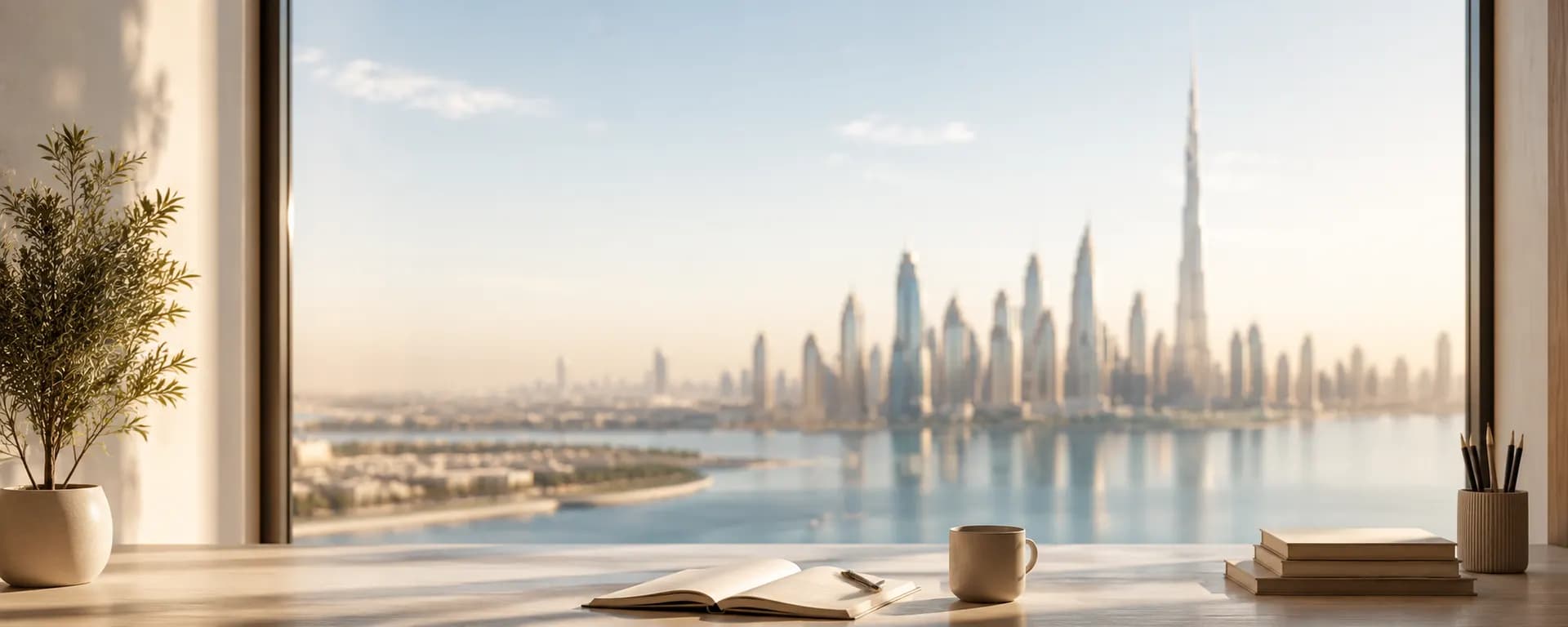 Dubai skyline workspace with journal and city view