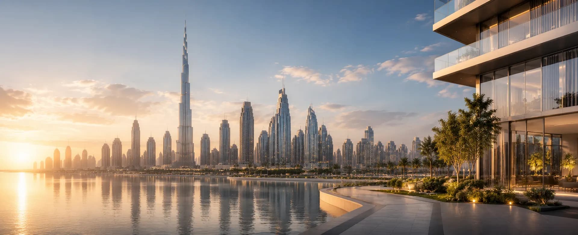 Dubai skyline at golden hour with luxury waterfront terraces